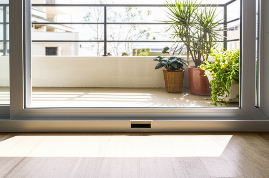 Apartment sliding door with gap at track showing common pest entry point