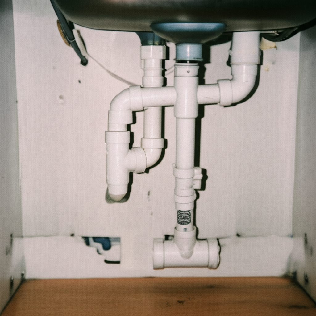 Shared plumbing pipes under apartment kitchen sink showing gaps at wall