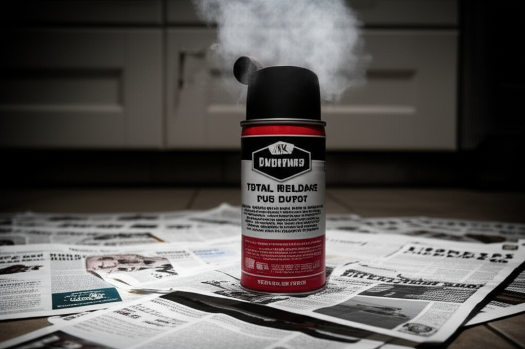 Bug bomb fogger canister releasing chemical mist on kitchen floor