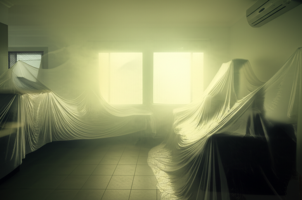 Empty room with chemical haze and furniture covered in plastic from bug bomb