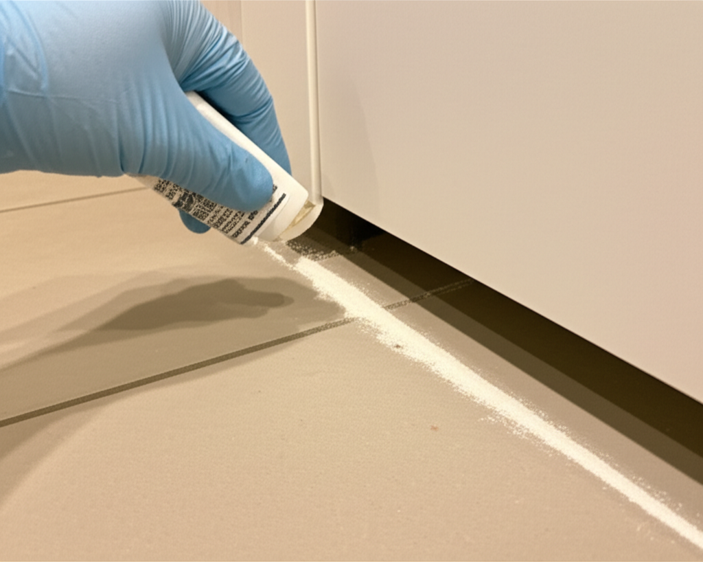 Applying diatomaceous earth along kitchen cabinet base for pest control