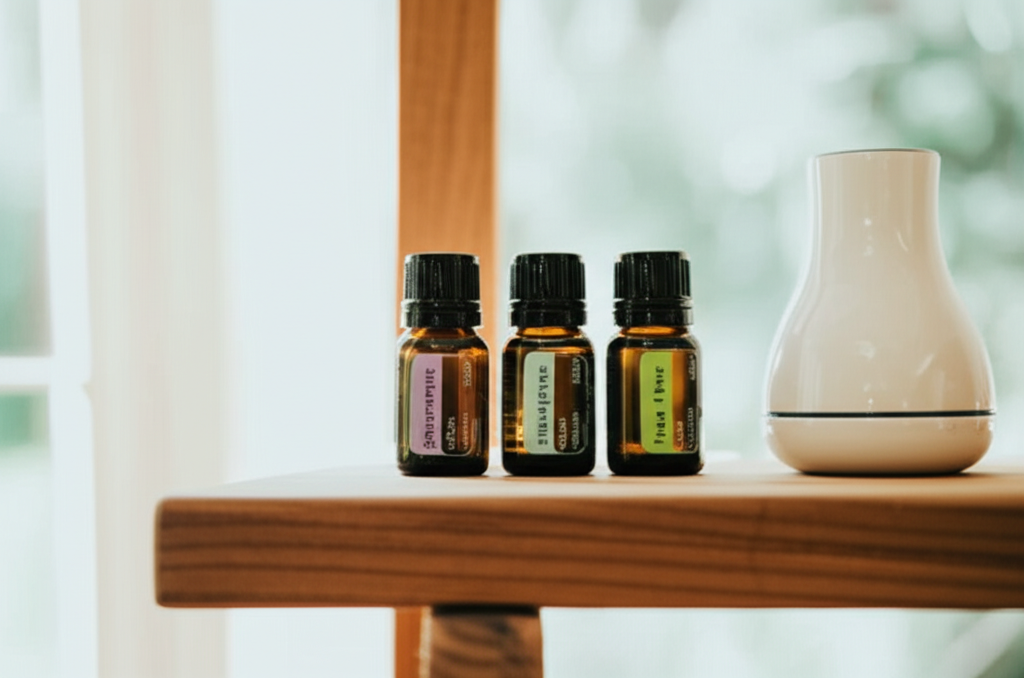 Amber essential oil bottles of peppermint eucalyptus and tea tree on timber shelf