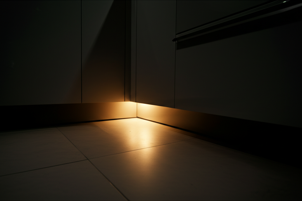 Dark Australian kitchen at night showing potential pest activity areas