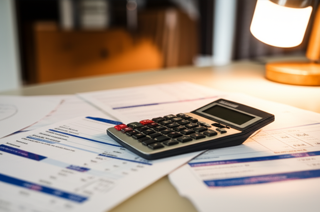 Multiple pest control invoices and calculator showing recurring annual expenses