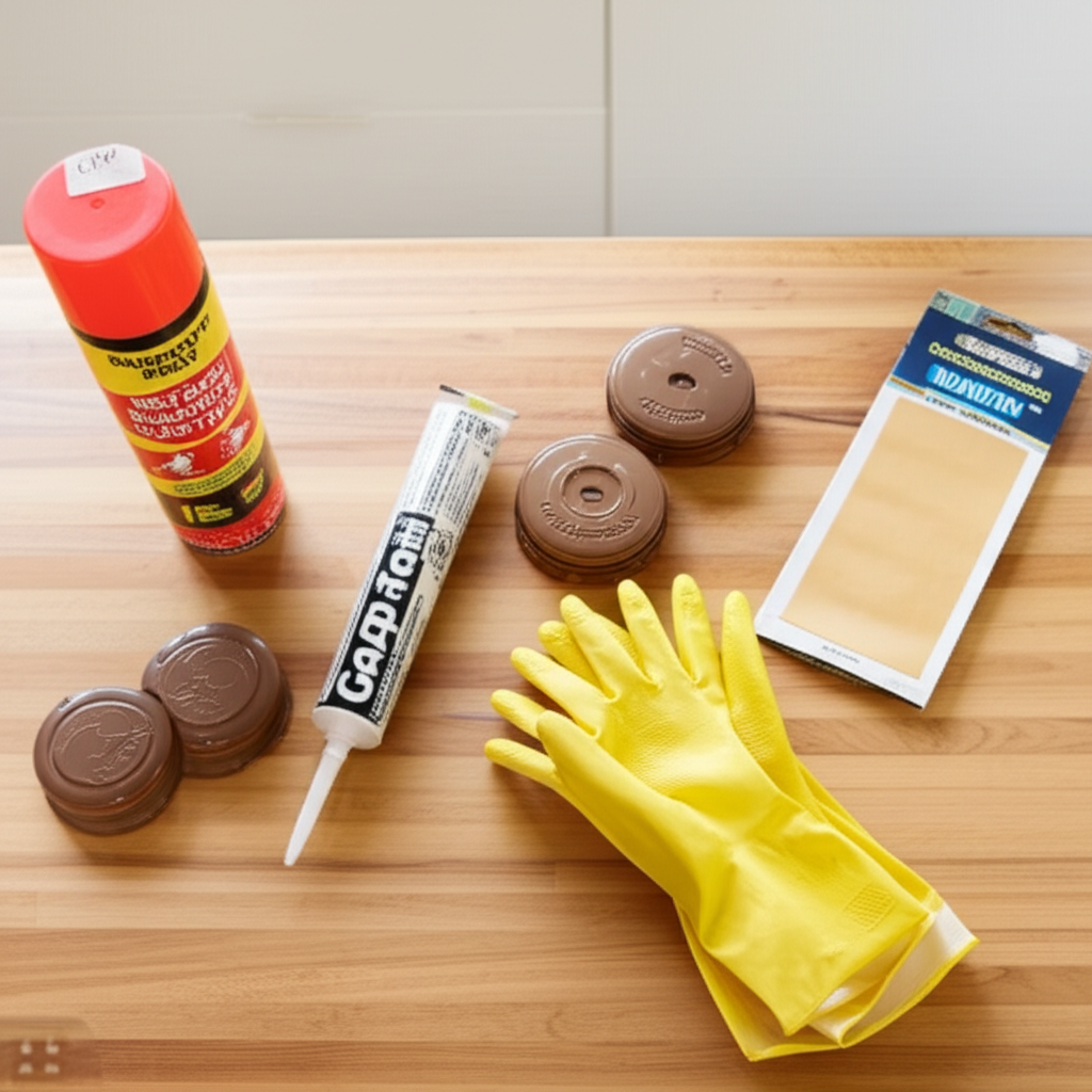 DIY pest control supplies including spray baits sealant and traps on benchtop