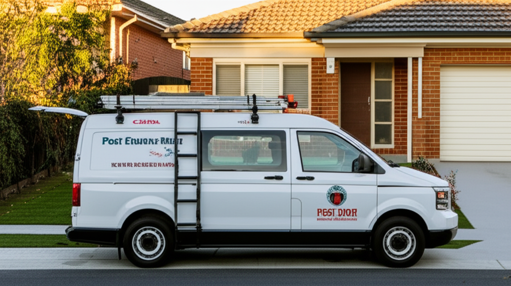 White pest control van parked in driveway of suburban Australian home