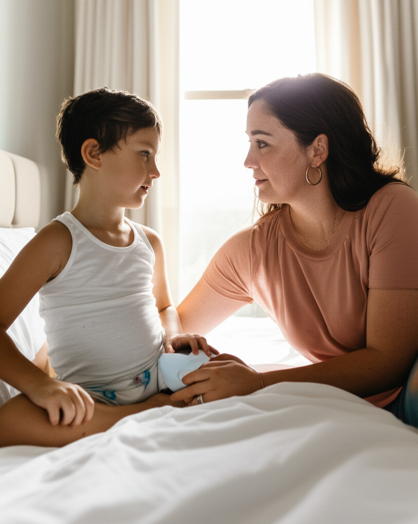 Parent sitting with young child in bright bedroom showing family health protection