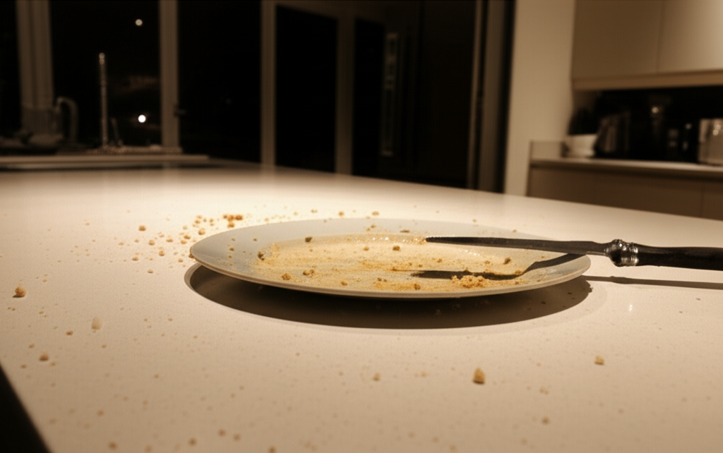 Kitchen benchtop at night with uncovered food showing contamination risk