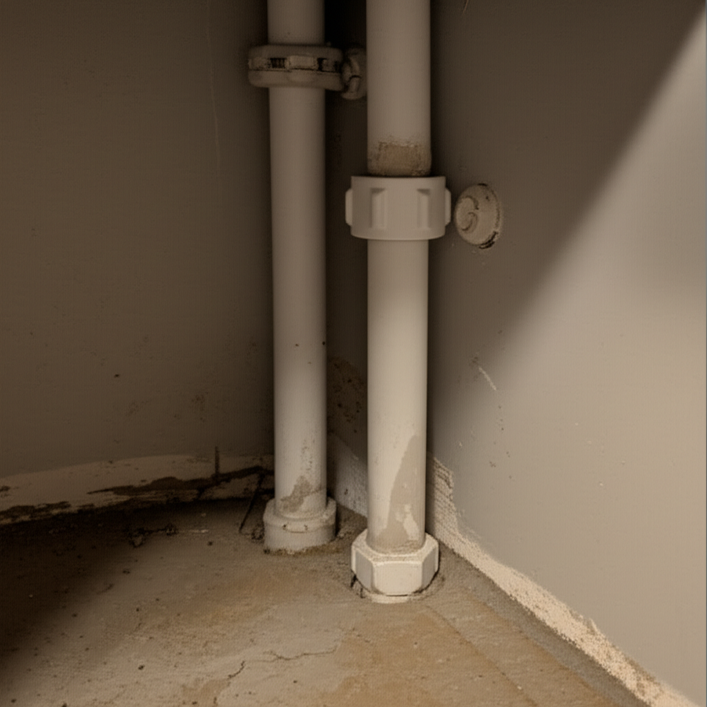 Gaps around pipes under bathroom vanity showing common cockroach entry points