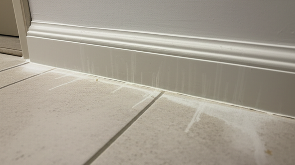 Dried chemical spray residue along skirting board from previous pest treatment