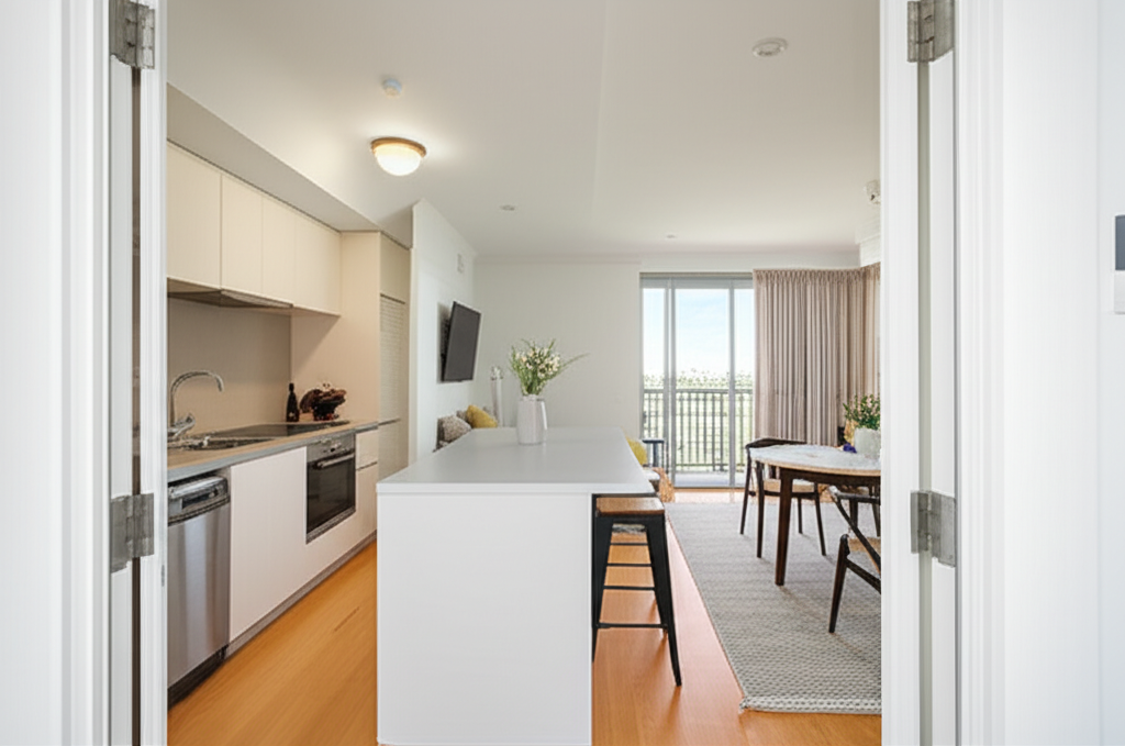 Modern Australian apartment interior with open-plan living area and balcony