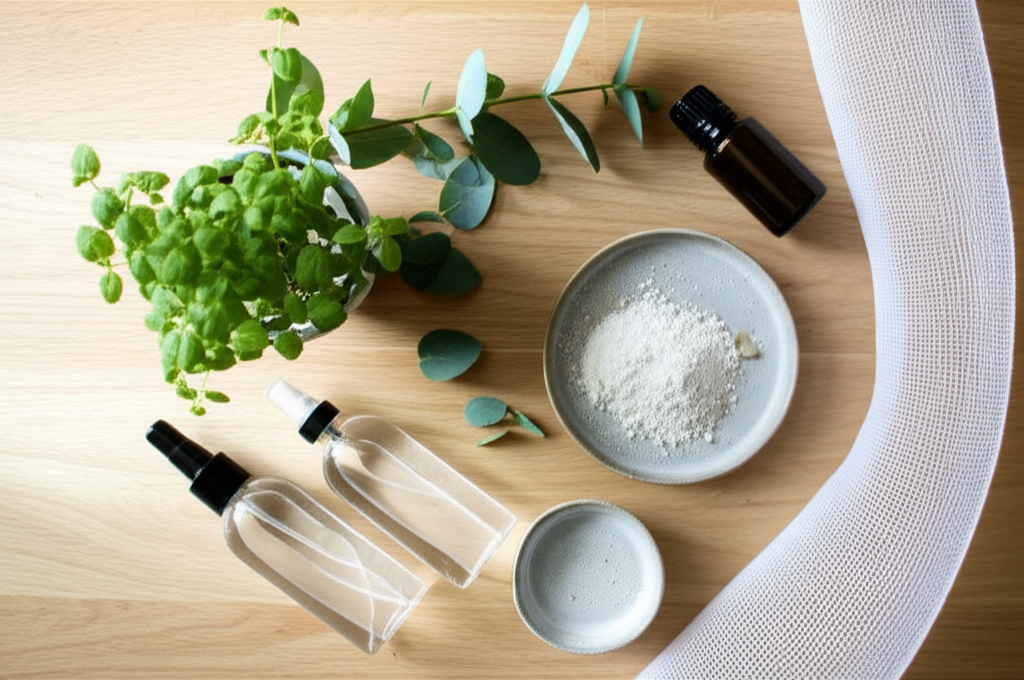 Natural pest control ingredients including eucalyptus, essential oils, and diatomaceous earth on timber surface