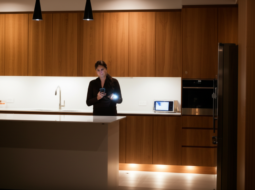 Woman checking for cockroaches in modern Australian kitchen at night
