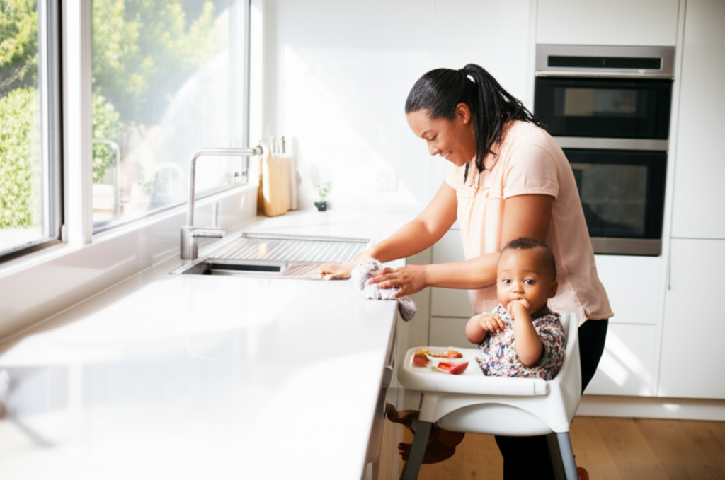 Mother wiping kitchen benchtop while child eats fruit in bright Australian kitchen