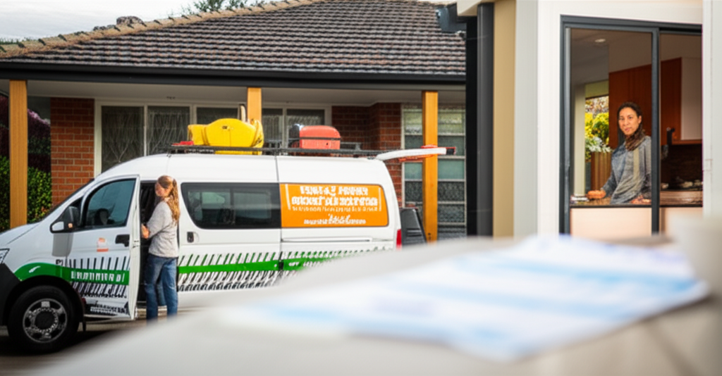 Pest control van outside Australian home with homeowner reviewing invoice
