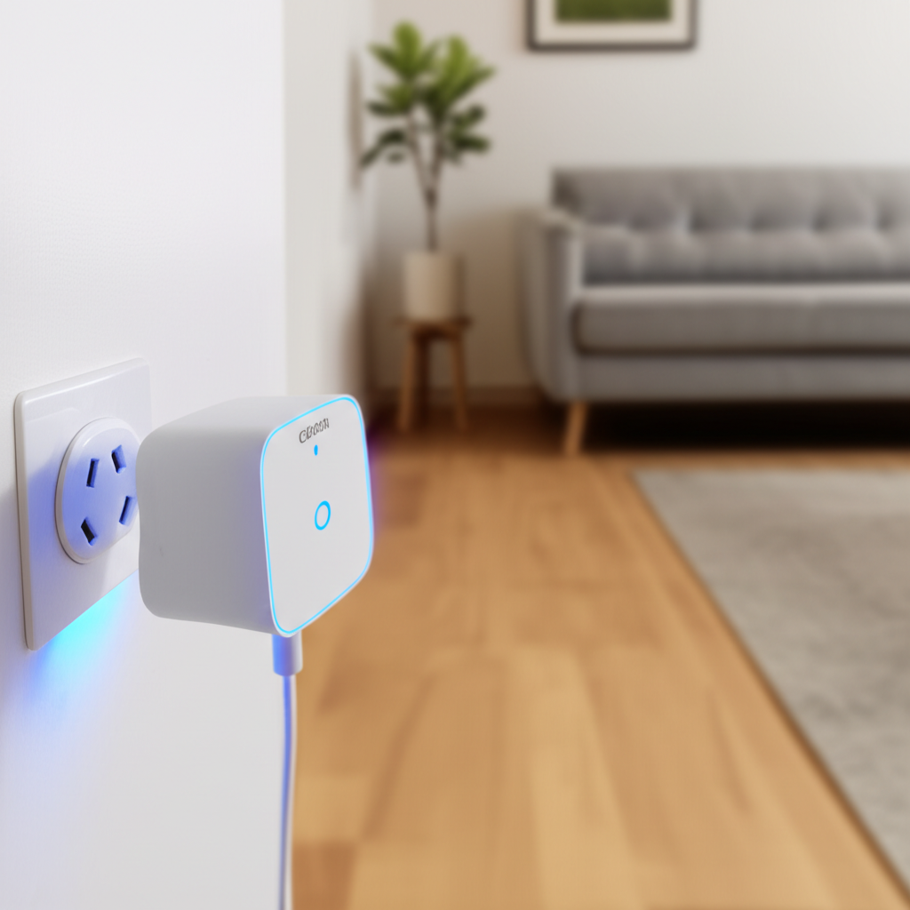 Small ultrasonic pest repeller device plugged into wall outlet in modern living room