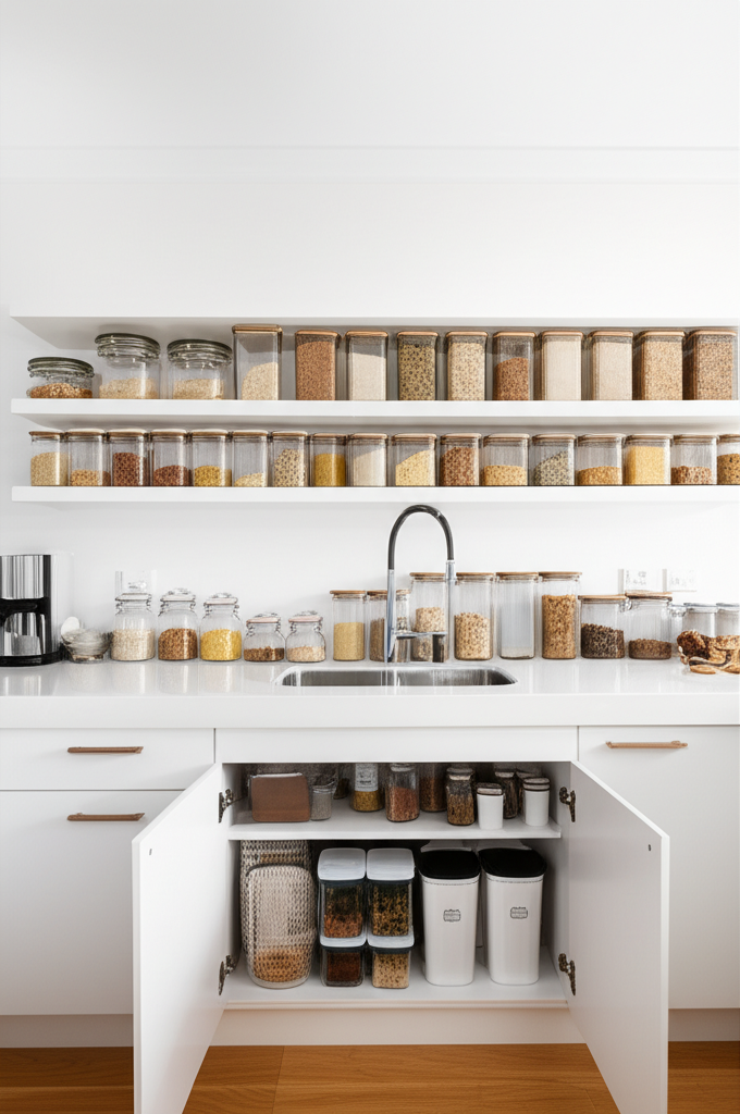 Perfectly organised Australian kitchen with sealed glass containers and clean benchtops