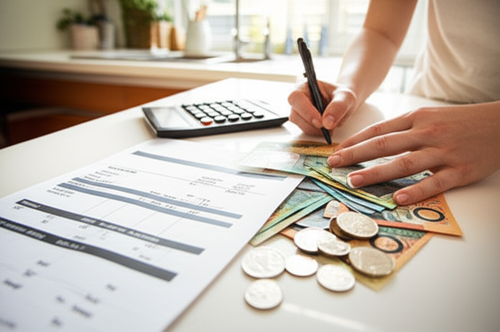 Pest control invoice and Australian money on kitchen benchtop with calculator