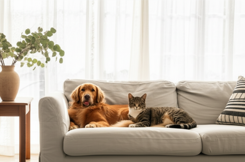 Golden retriever and tabby cat relaxing on a sofa in an Australian living room