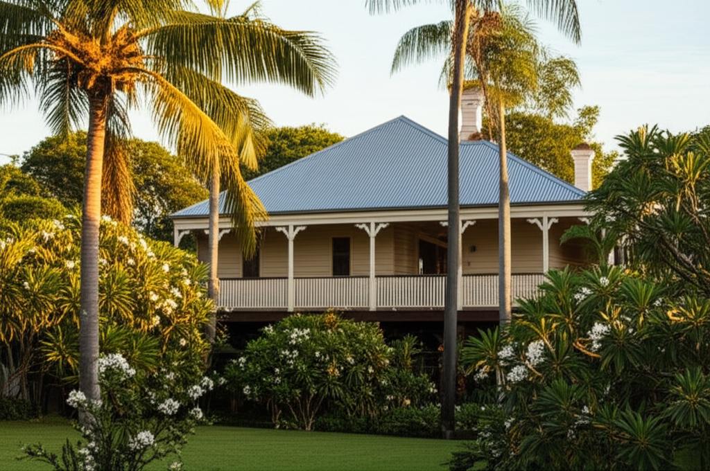 Classic Queenslander home with raised timber construction and tropical garden in Brisbane