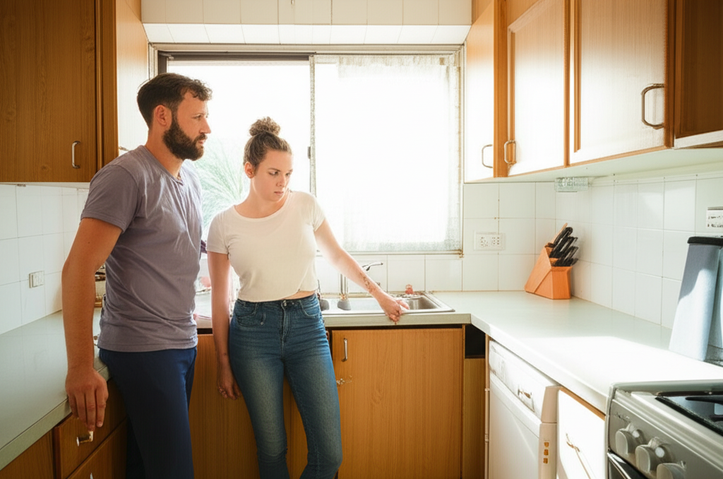 Young Australian couple in rental apartment kitchen inspecting gap under sink