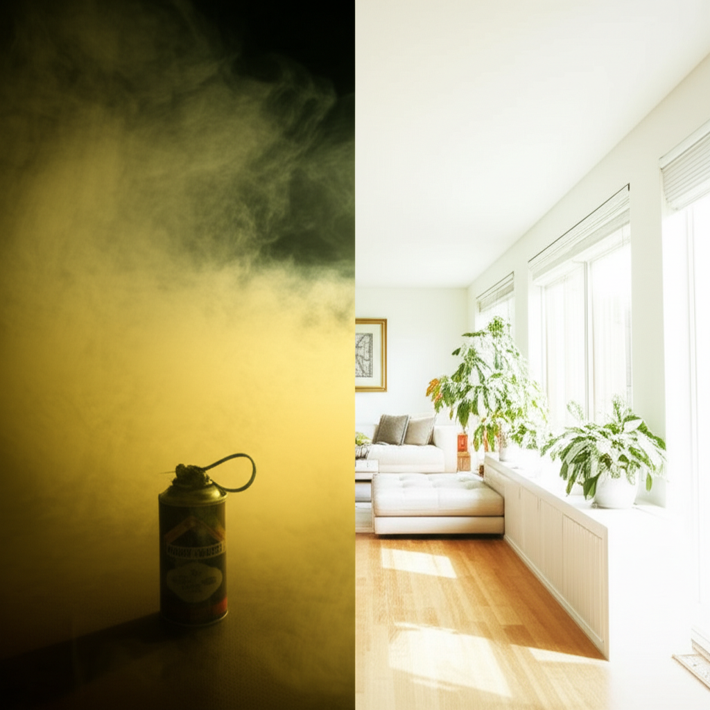 Split comparison of chemical bug bomb fog versus clean modern living room