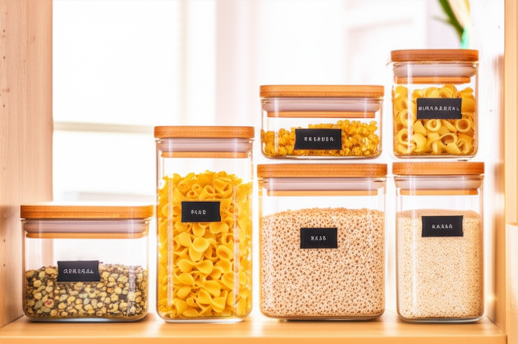 Glass airtight storage containers with bamboo lids on kitchen shelf