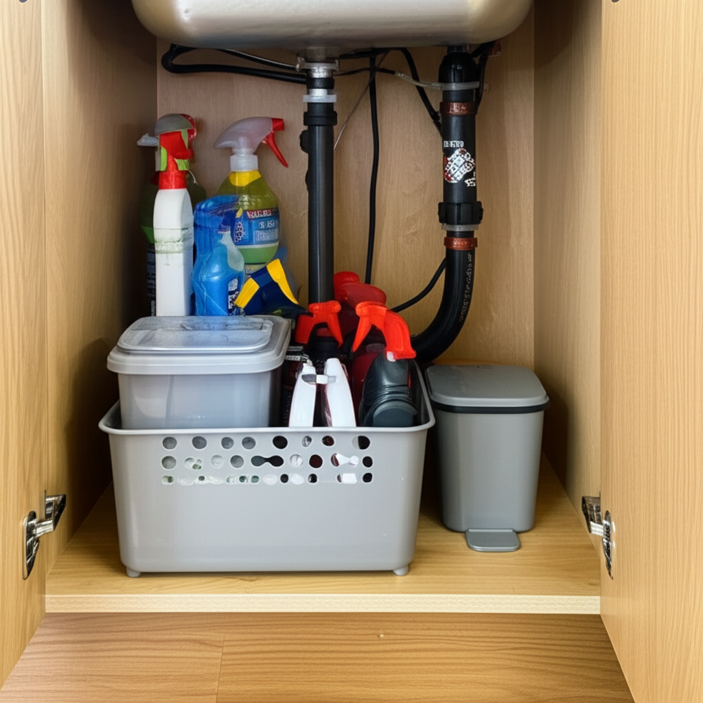 Neatly organised under-sink cabinet with sealed pipes and cleaning supplies