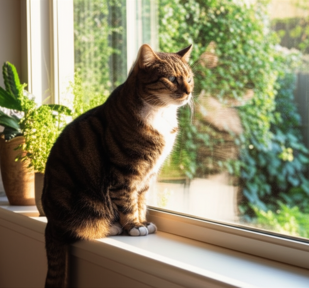 Tabby cat relaxing on windowsill in Australian home