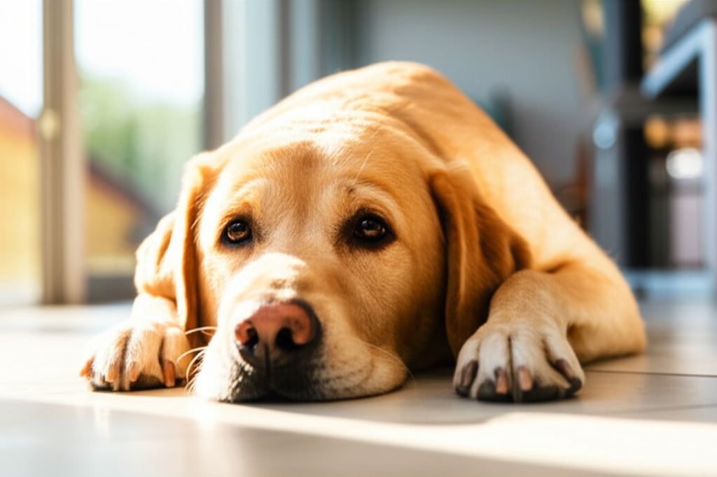 Relaxed golden labrador lying on floor in Australian home
