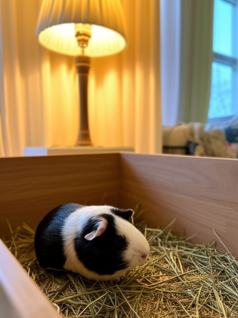 Guinea pig in wooden enclosure in child bedroom