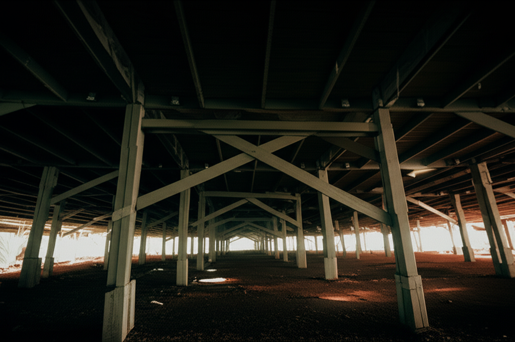 Under raised Queenslander home showing timber stumps and dark harbourage area