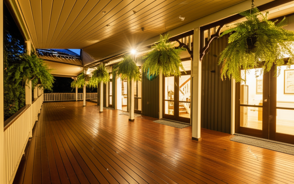 Wide Queenslander verandah at dusk with timber decking and tropical garden