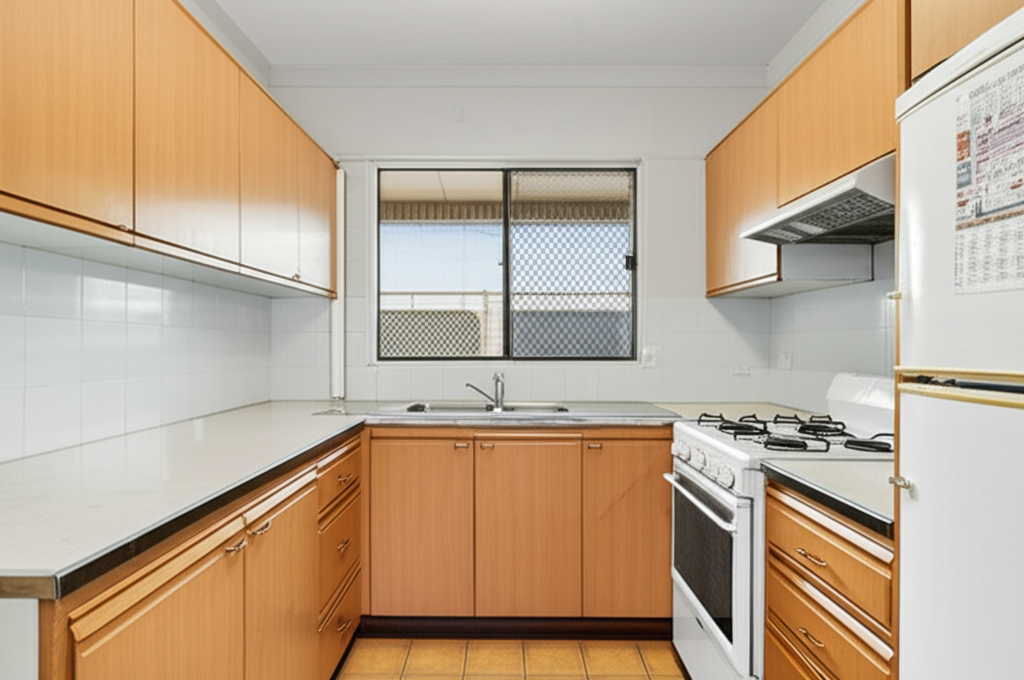 Typical Australian rental apartment kitchen with dated cabinets