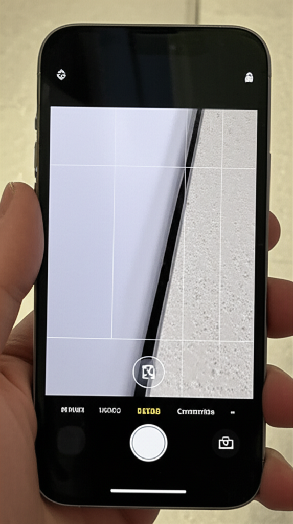 Smartphone photographing gap under kitchen kickboard to document pest issue