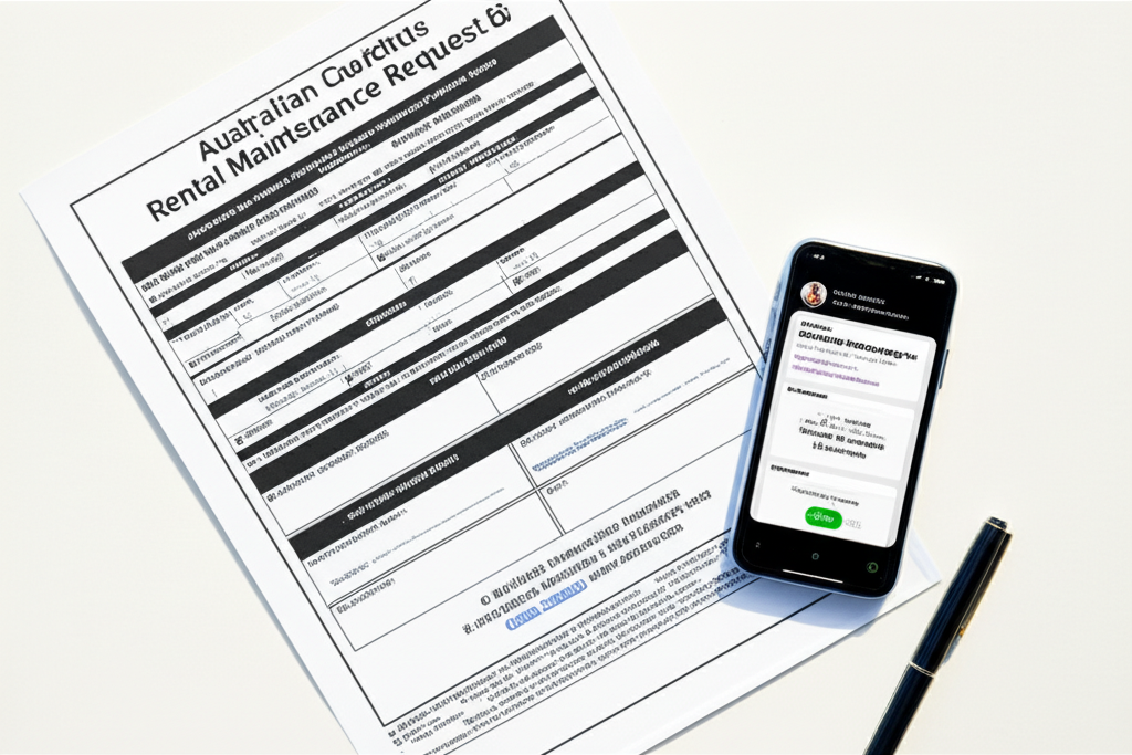 Rental maintenance request form and phone on desk for reporting pest problem