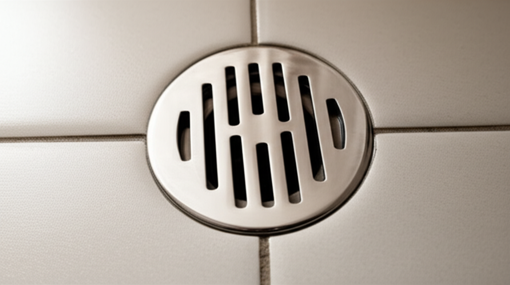 Bathroom floor drain showing gaps where cockroaches can enter from sewer