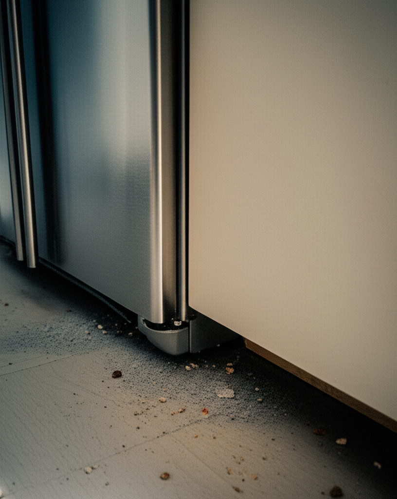 Behind refrigerator showing dark harbourage area where cockroaches hide