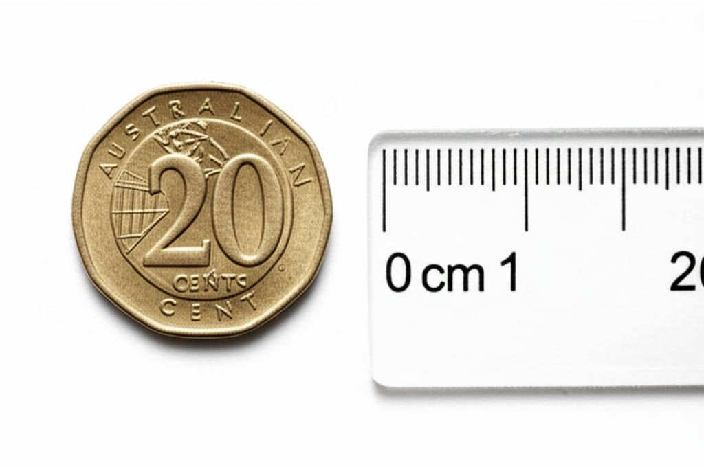 Australian coin and ruler on white surface for cockroach size comparison reference
