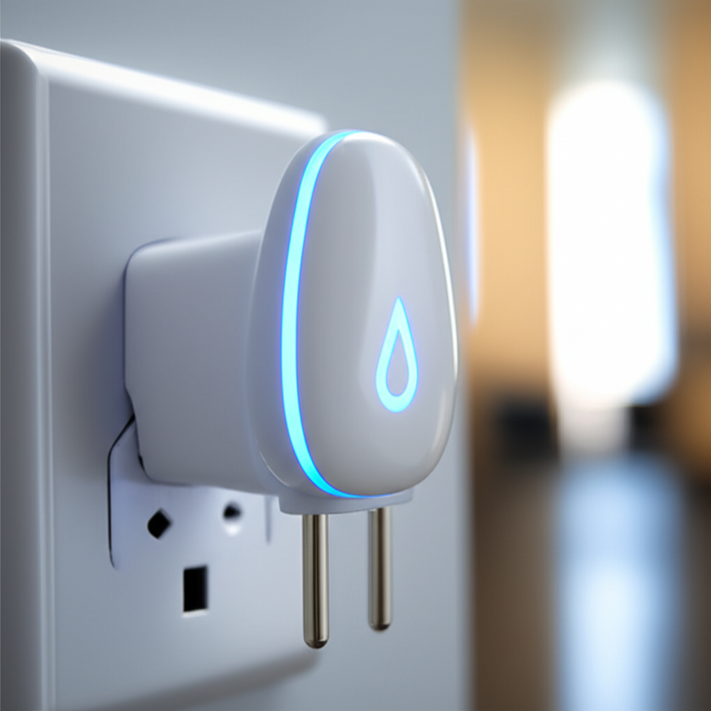 Close-up of ultrasonic pest repeller device plugged into wall outlet