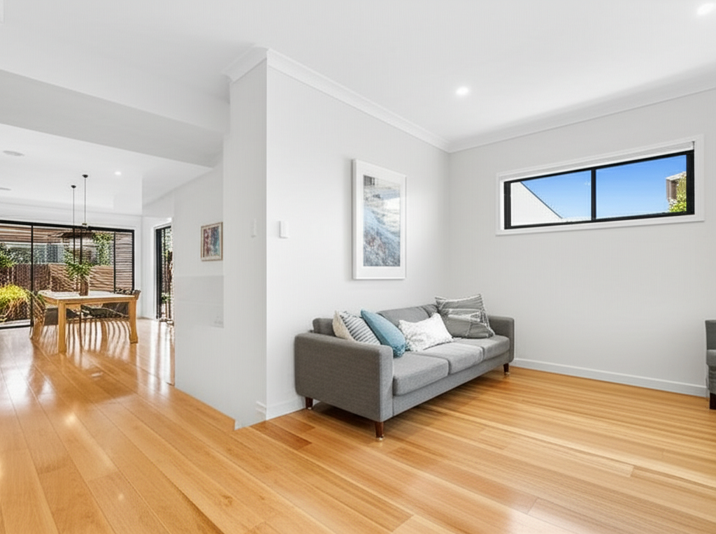 Modern Australian living room showing open space for ultrasonic device coverage