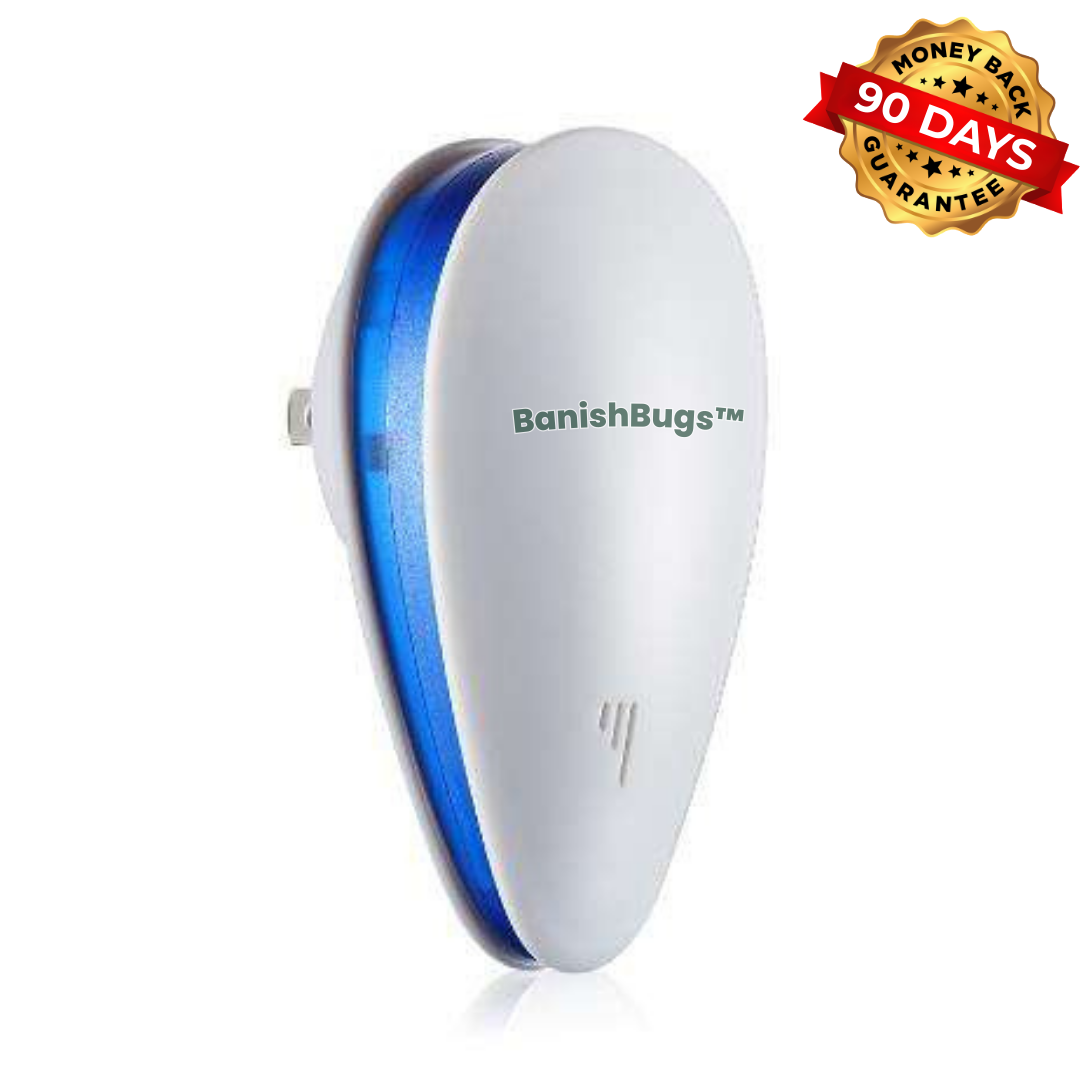 BanishBugs ultrasonic pest repeller — side view with 90-day guarantee