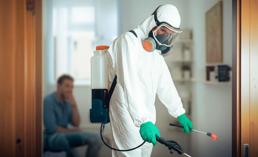 Professional exterminator with chemical spray equipment