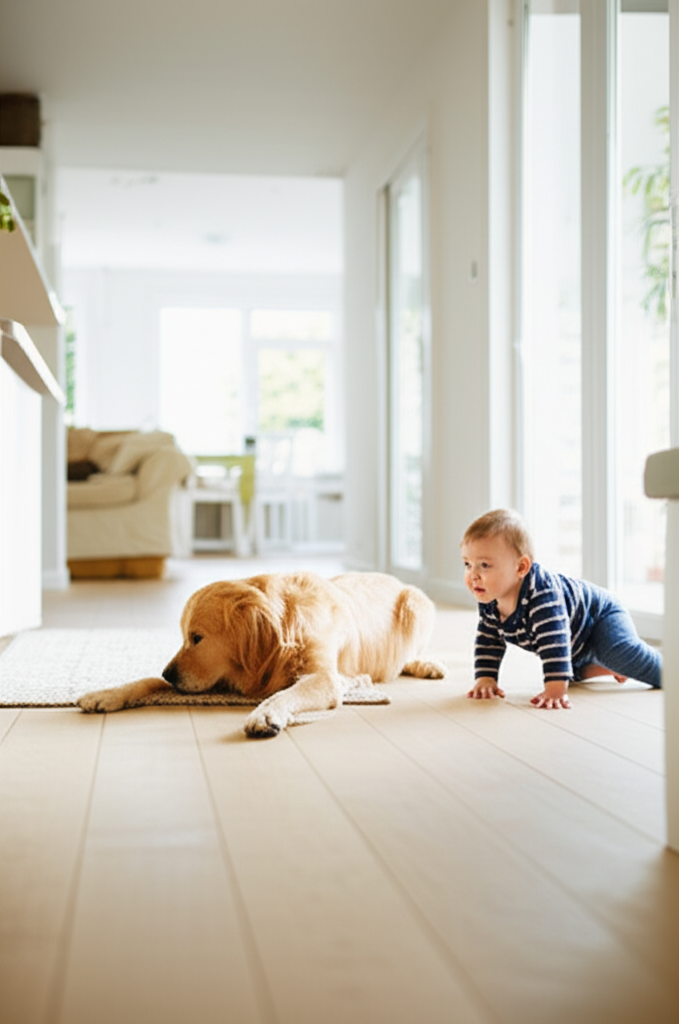 Baby and golden retriever in safe, clean home