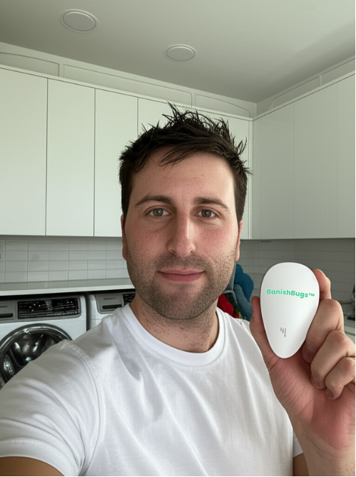 Man holding BanishBugs device in laundry