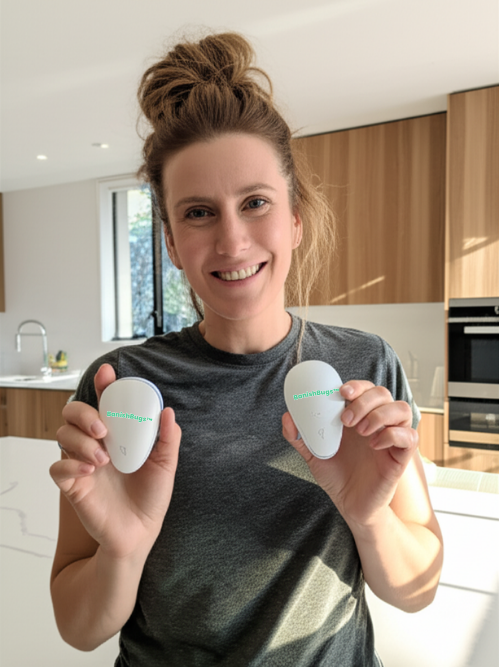 Woman holding two BanishBugs devices in kitchen